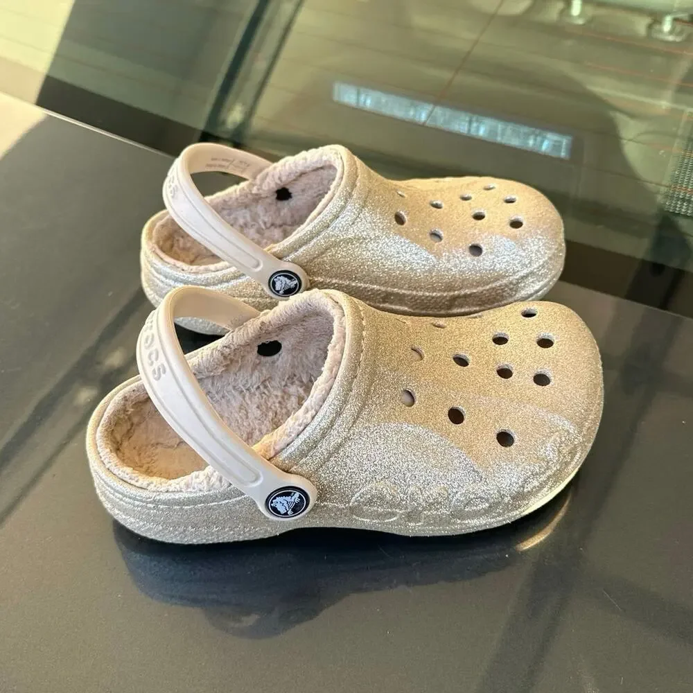 Crocs Little Kids Baya Lined Fuzzy Glitter Clogs Girls Size J 1 Gold‎